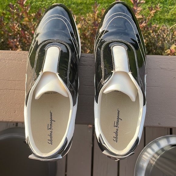 Salvatore Ferragamo Black Patent and White Leather Slip On Sneaker Shoes 10 B - Picture 7 of 16